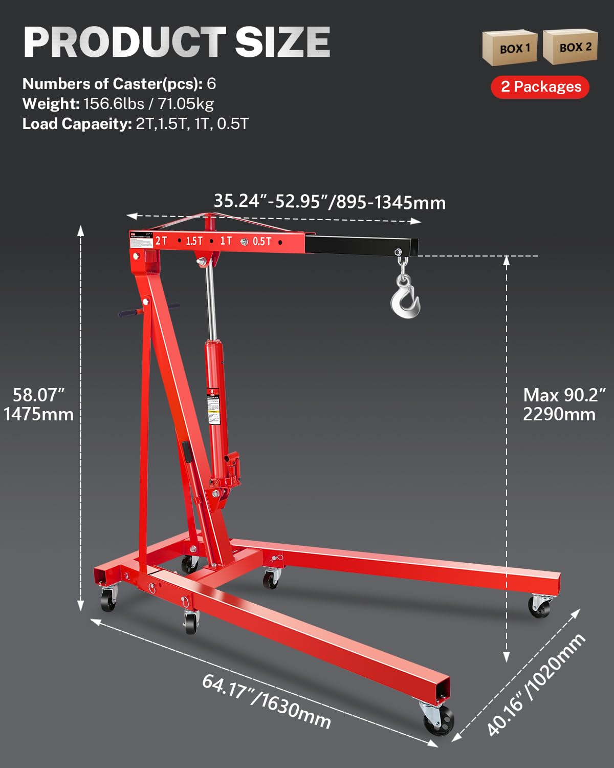 Red 2 Ton Folding Hydraulic Engine Hoist, Heavy Duty Shop Crane with 6 Locking Casters and 4 Boom Positions for Garage and Workshop