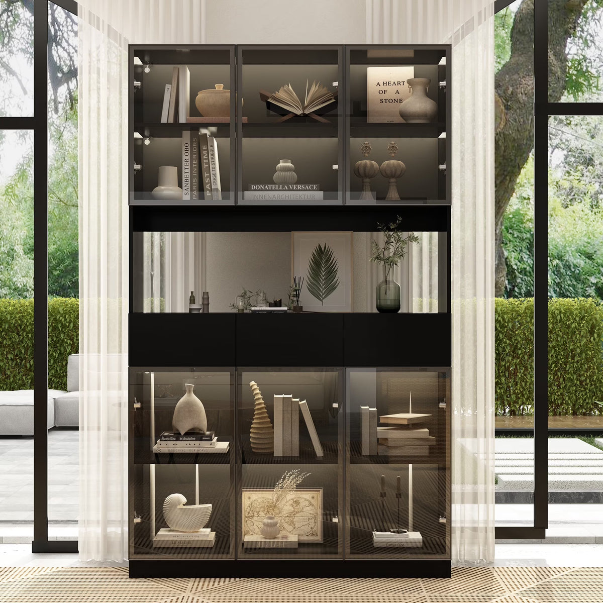 2026 NewKULAGAGA Bookcases Organizer with LED Lights, Heavy Duty Display Cabinet with Glass Door for Living Room, 31.5" Wide