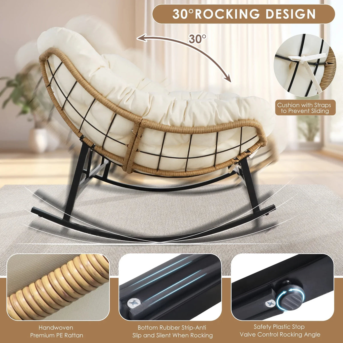 2026 NewRADIATA Beige Double Outdoor Rocking Chair, 2 Person Patio Rocking Egg Chair with Thick Cushion