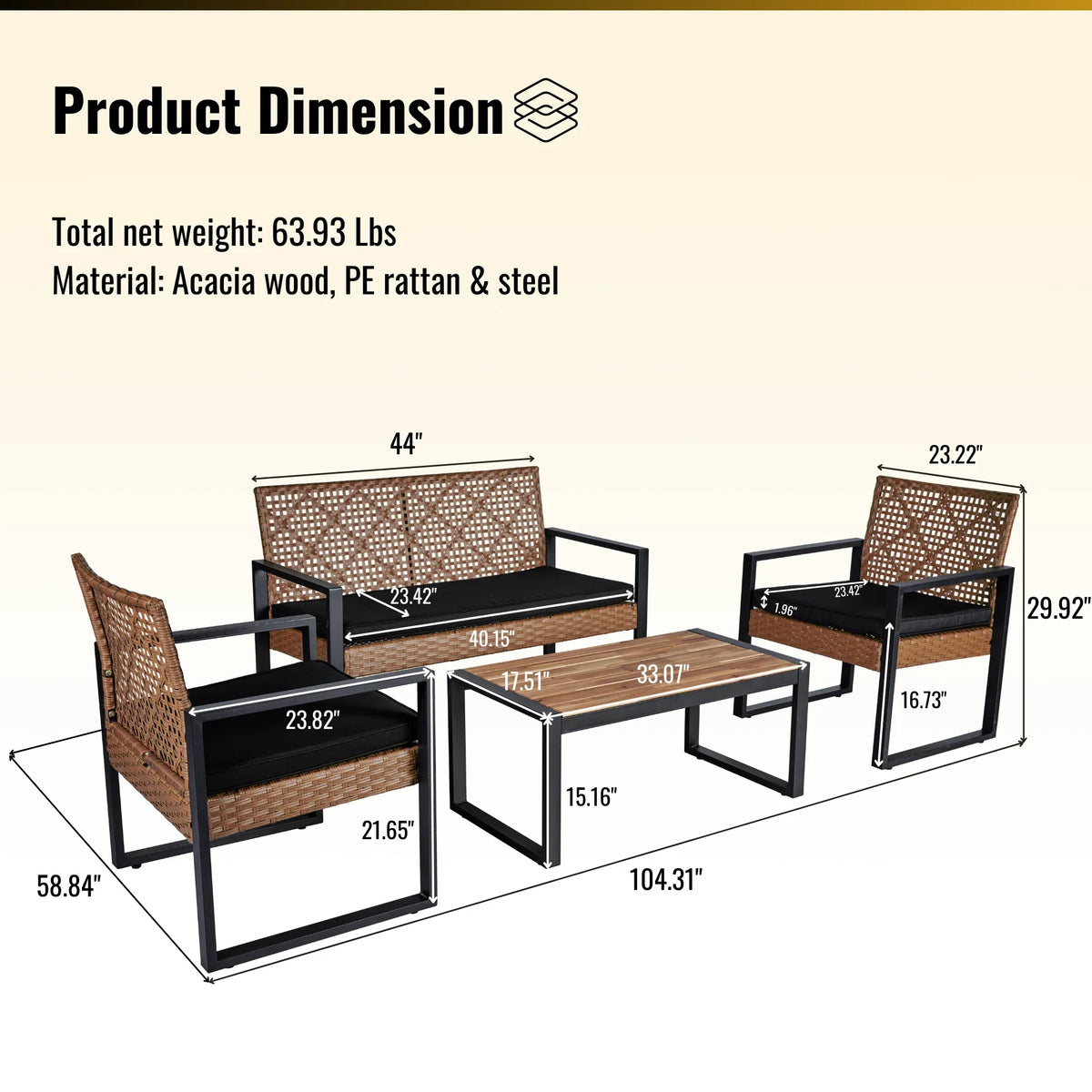 2026 NewHeavy-duty Patio Furniture Set, 4 Piece Outdoor Sectional Conversation Sets, BrownPE Rattan Patio Sofa Set with Blue Cushions
