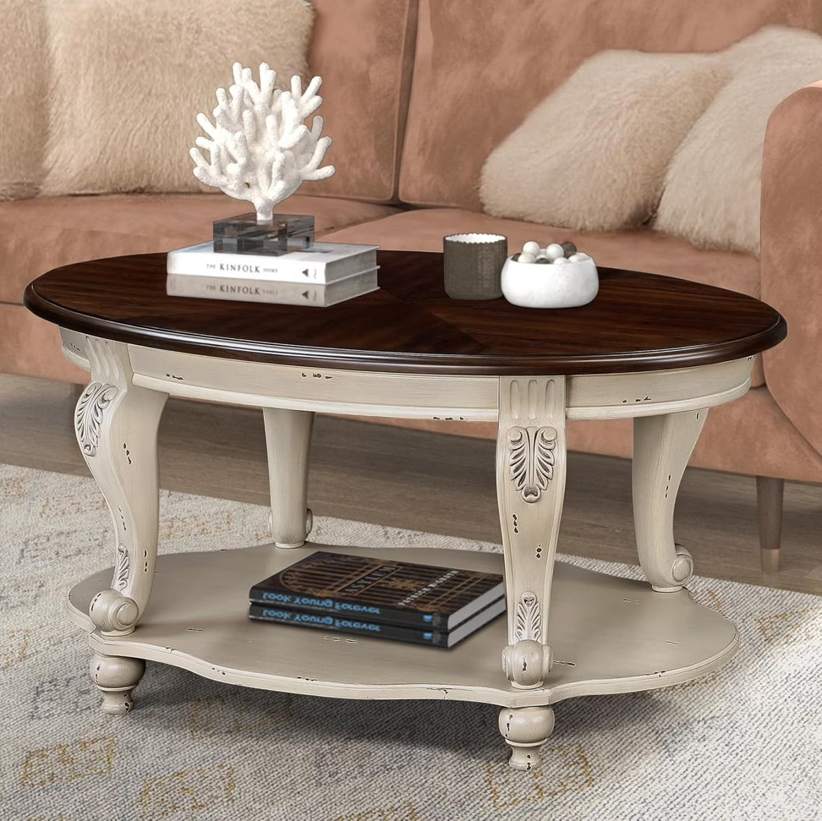 2026 New42" Oval Coffee Table with Storage Shelf, 2-Tier Solid Wood Cocktail Tea Table, Traditional Retro Center Table for Living Room, Bearing 400LBS, Cherry