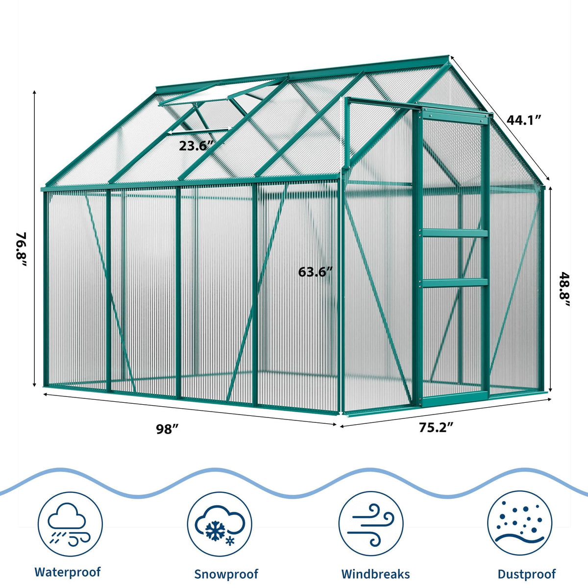 6x8 FT Polycarbonate Greenhouse – Outdoor Walk-In Greenhouse with Heavy Duty Aluminum Frame, Sliding Door, Adjustable Roof Vent & Rain Gutter for Backyard Gardening