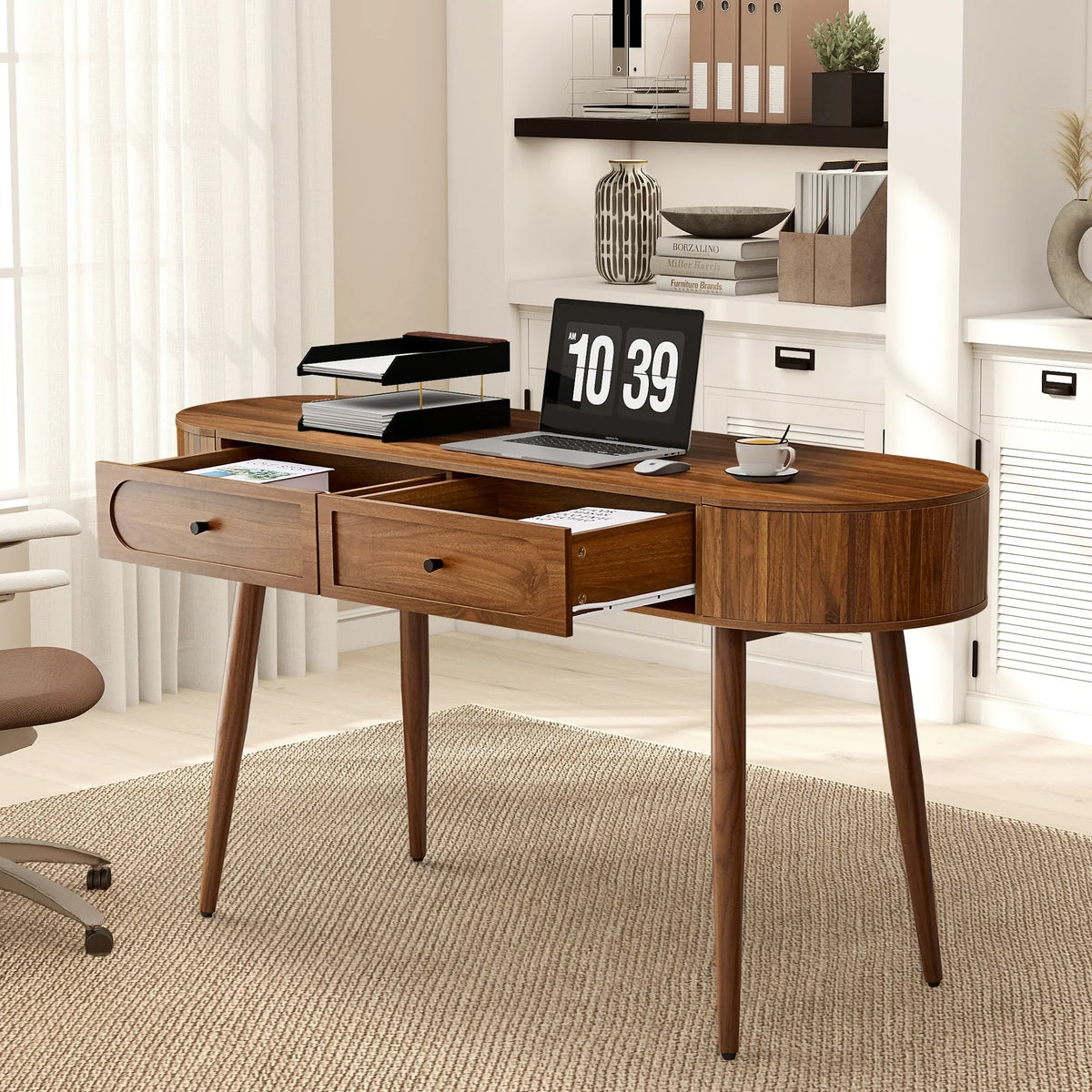 2026 NewYOCWO Modern Home Office Desk with 2 Drawers and 2 Fflip-top Storage, Oval Computer PC Desk Table, Vanity Desk with Fluted Curved Table Edge, Walnut