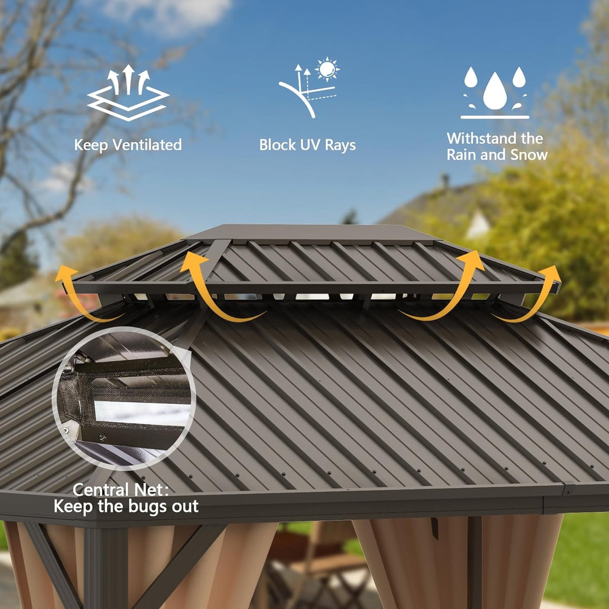 Domi Outdoor 12x16 ft Hardtop Gazebo Canopy Metal with Galvanized Steel Double Roof,Curtain & Netting for Patio Deck Backyard, Brown