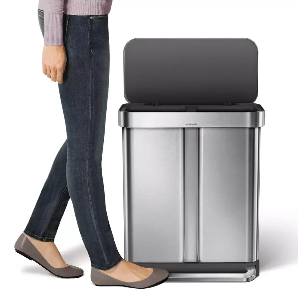 2026 Newsimplehuman 58 Liter / 15.3 Gallon Rectangular Dual Compartment Recycling Step, Brushed Stainless Steel with Soft-Close Plastic Lid Kitchen Trash Can