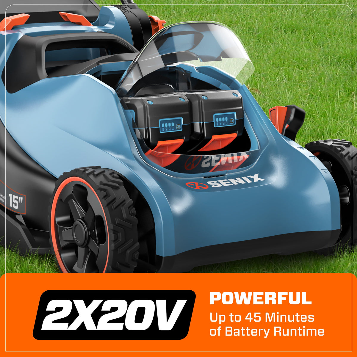 SENIX LPPX2-M4 15" 40V Battery Powered Push Walk-Behind Lawn Mower, Mulching and Bagging, 6-Position Height Adjustment, Brushless Motor, Cordless