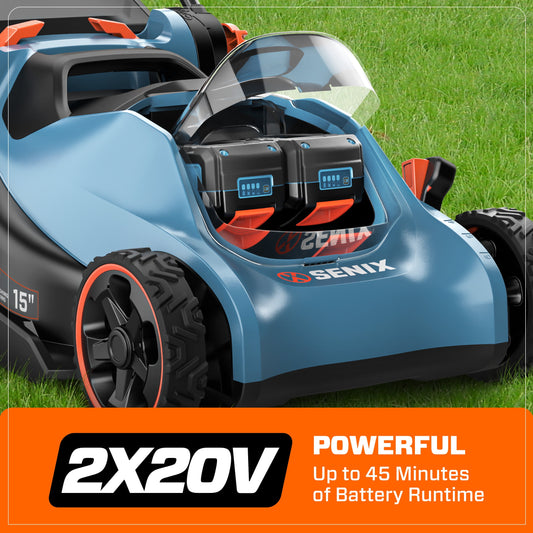 SENIX LPPX2-M4 15" 40V Battery Powered Push Walk-Behind Lawn Mower, Mulching and Bagging, 6-Position Height Adjustment, Brushless Motor, Cordless