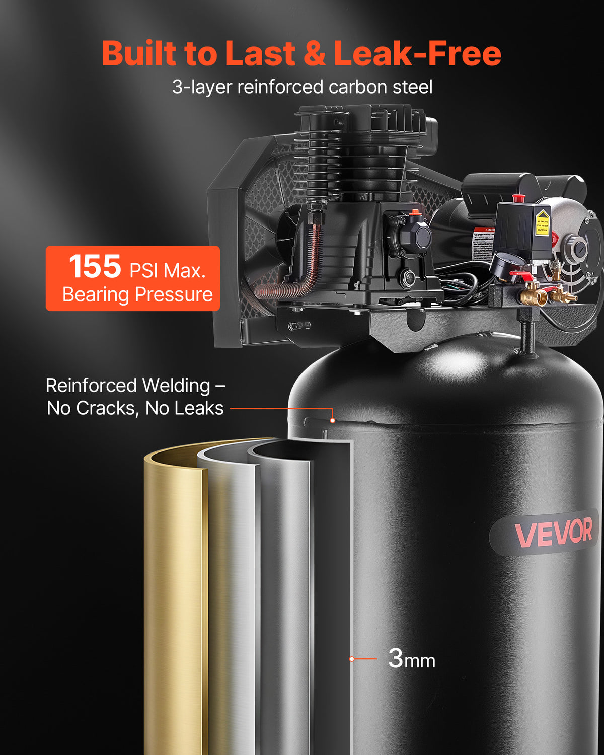 VEVOR 60 Gallons Heavy-Duty Air Compressor, 3.7HP 8 SCFM at 90PSI Air Compressors Max 155PSI Pressure, Oil-Lubricated Compressor Tank(230V 60Hz, No-Plug)