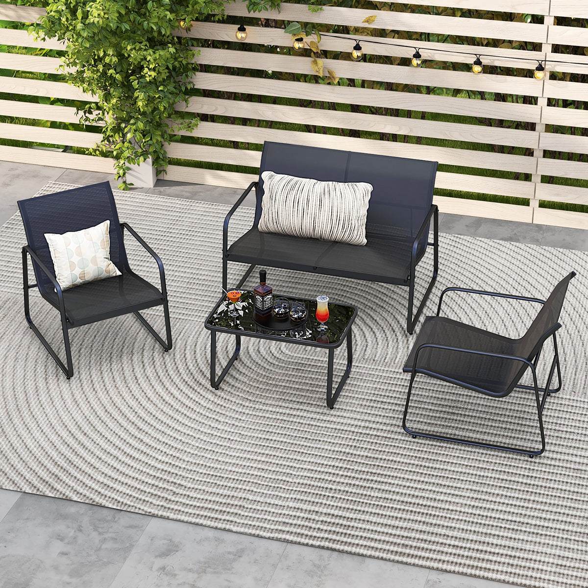 Costway 4 Pieces Patio Furniture Set Outdoor Tempered Glass Coffee Table Chair Loveseat