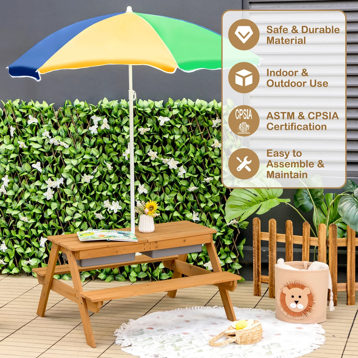 2026 NewCostway 3-in-1 Kids Picnic Table Wooden Outdoor Sand & Water Table with Umbrella Play Boxes Green