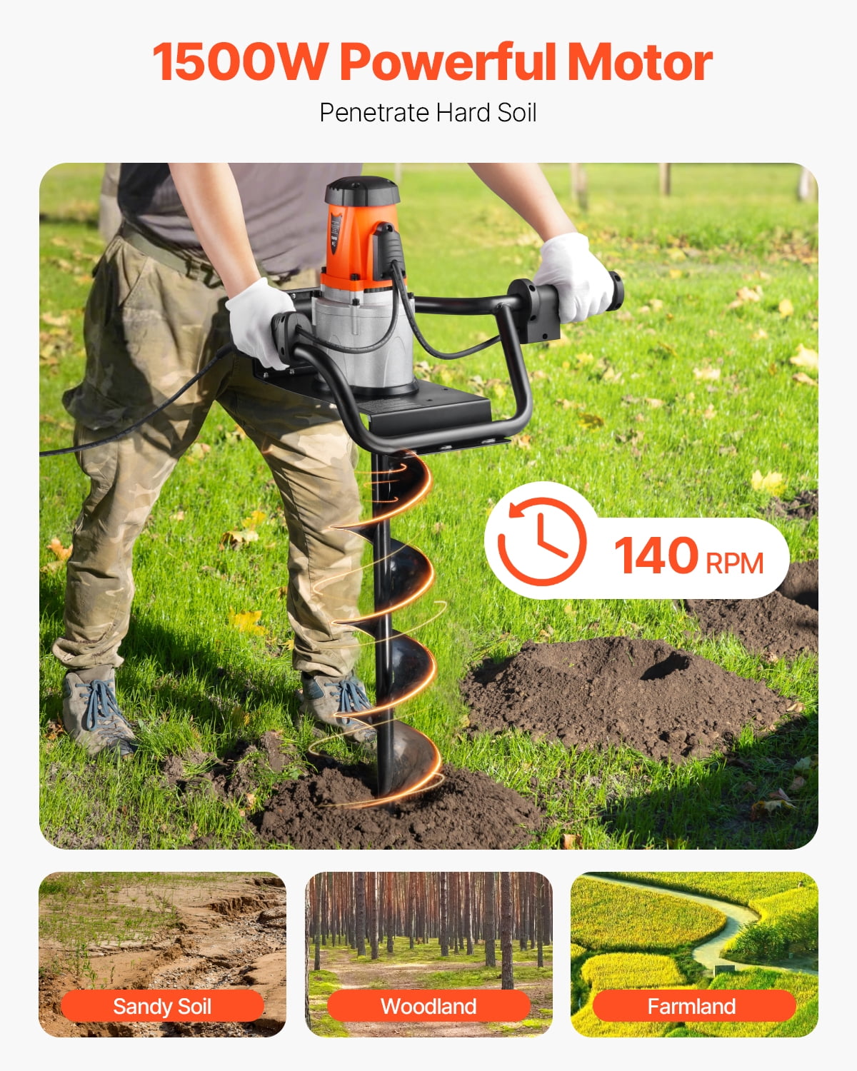 VEVOR Electric Post Hole Digger 1500W Powerful Motor with 5.71 in Auger Bit