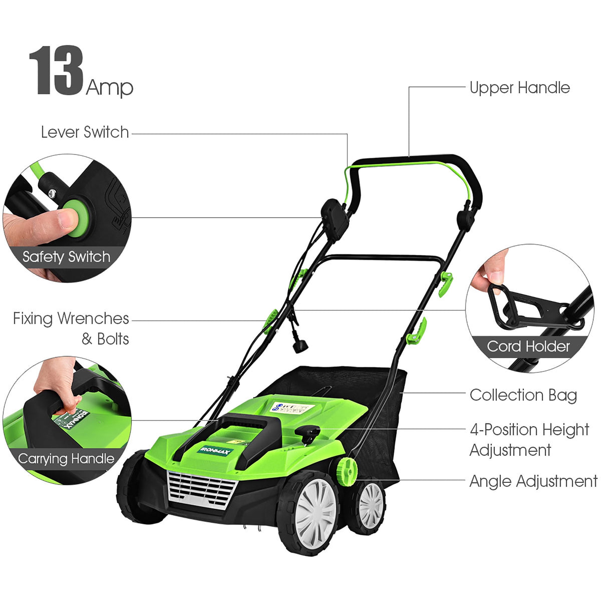 IronMax 13Amp Corded Scarifier 15" Electric Lawn Dethatcher w/50L Collection Bag Green