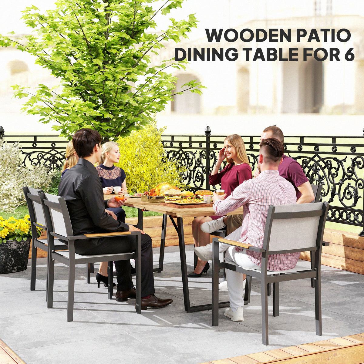 Outsunny Wooden Outdoor Dining Table for 6 with 2" Umbrella Hole, Brown