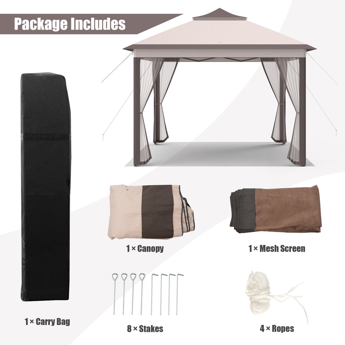 Gymax 11 x 11 ft Pop up Gazebo 2-Tier Patio Canopy Tent Shelter w/ Carrying Bag Beige