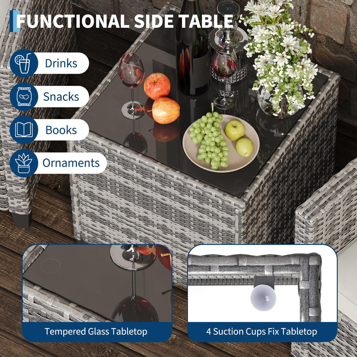 3 Piece Patio Furniture Set, PE Rattan Outdoor Furniture Set with Tempered Glass Table and Cushions, Patio Conversation Set for Balcony and Poolside, Grey and Beige