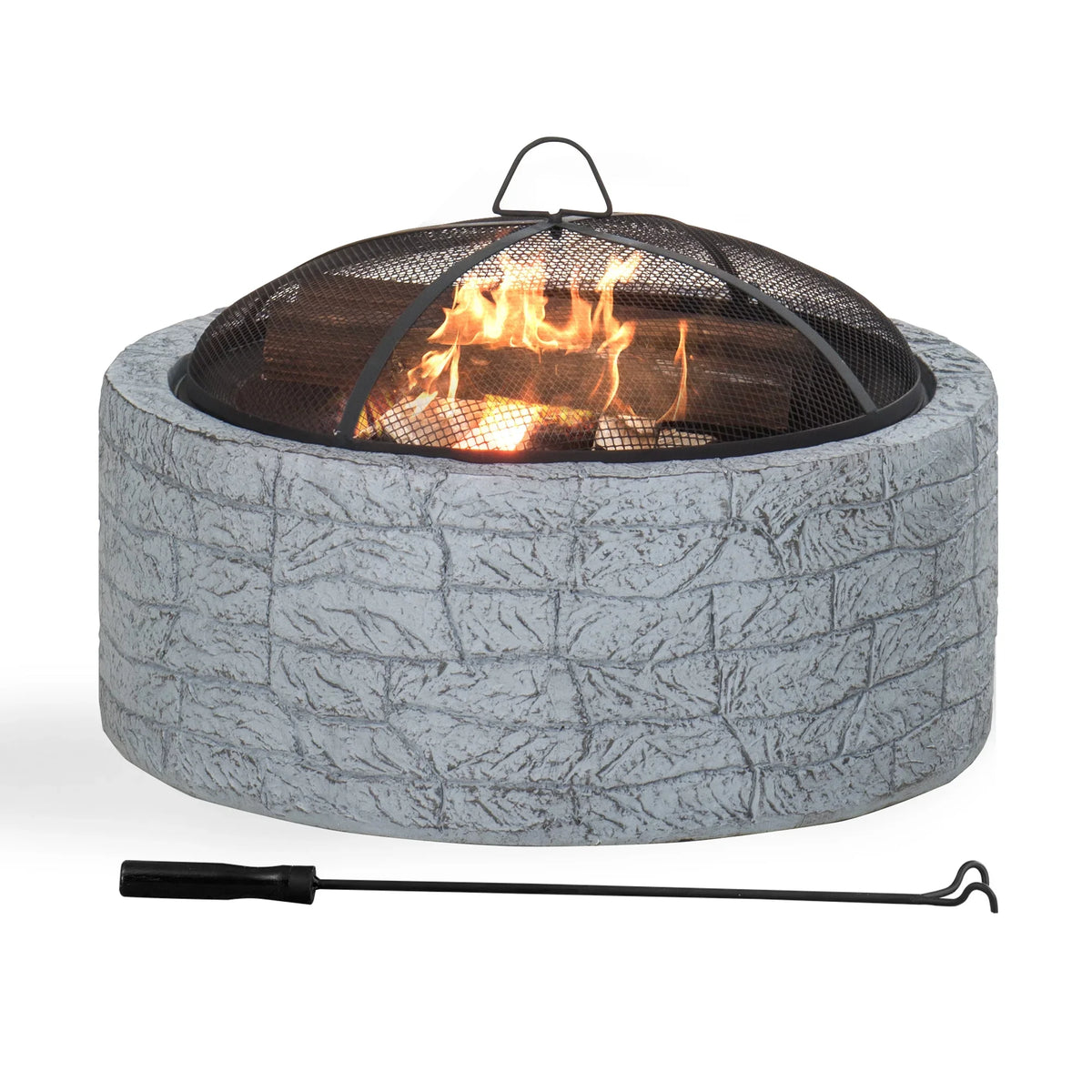 2026 NewSunjoy Stone Fire Pit 26 Inch, Outdoor Round Wood Burning Fire Pits with Spark Screen and Poker Grey