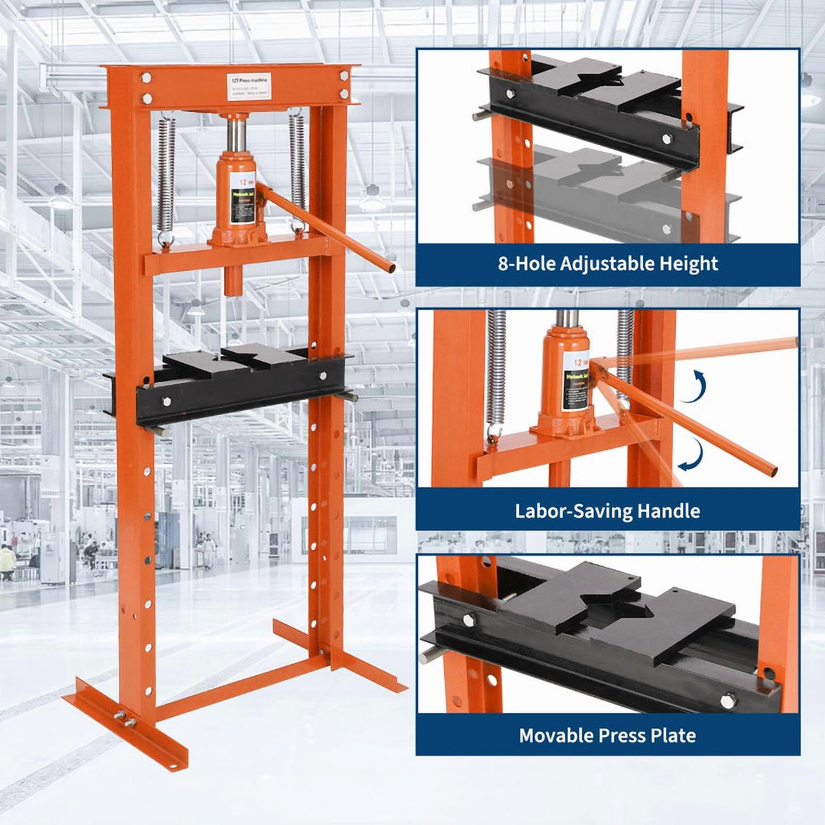 12 Ton Hydraulic Shop Press – H-Frame Garage Floor Press with Adjustable Working Table Height & 2 Steel Plates – Heavy-Duty Hydraulic Jack, Ideal for Auto Repair, Metalworking, DIY