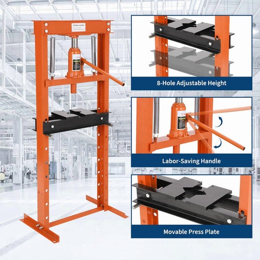 12 Ton Hydraulic Shop Press – H-Frame Garage Floor Press with Adjustable Working Table Height & 2 Steel Plates – Heavy-Duty Hydraulic Jack, Ideal for Auto Repair, Metalworking, DIY