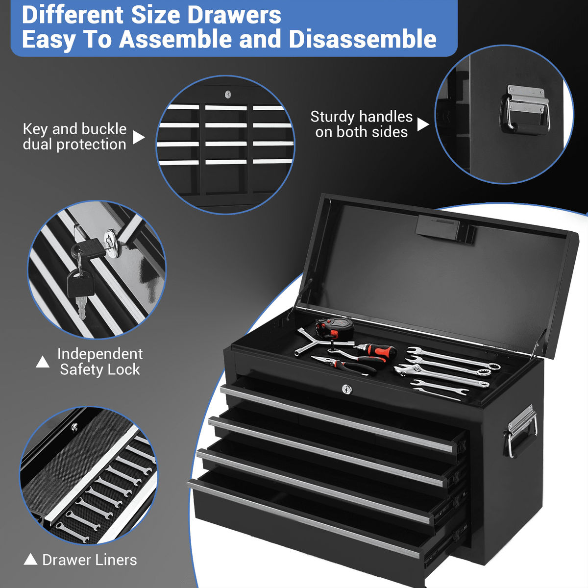 Rolling Tool Chest with Detachable Top Toolbox, 5-Drawer Tool Storage Cabinet Cart with 4 Wheels, Rust Resistant & Heavy Duty for Garage Workshop
