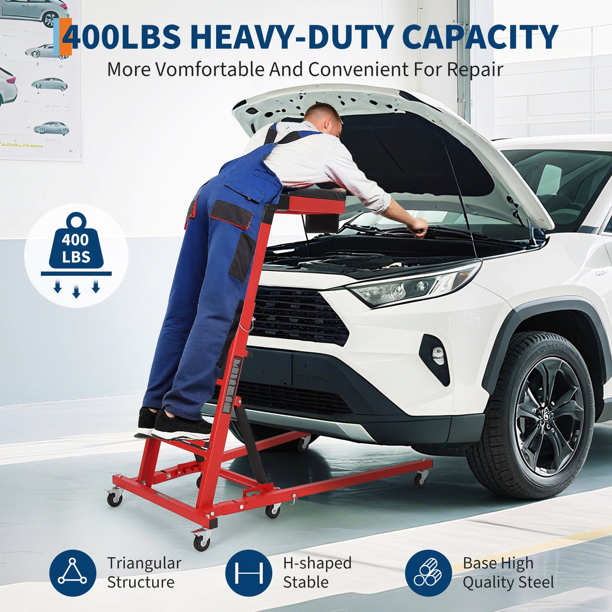 Heavy Duty Topside Automotive Engine Creeper – 400 lbs, Adjustable Height 48"-66", 6 Swivel Casters, 2" Thick Padded Deck, Collapsible Mechanic Over-Engine Creeper, Red Shelf + Black Mat