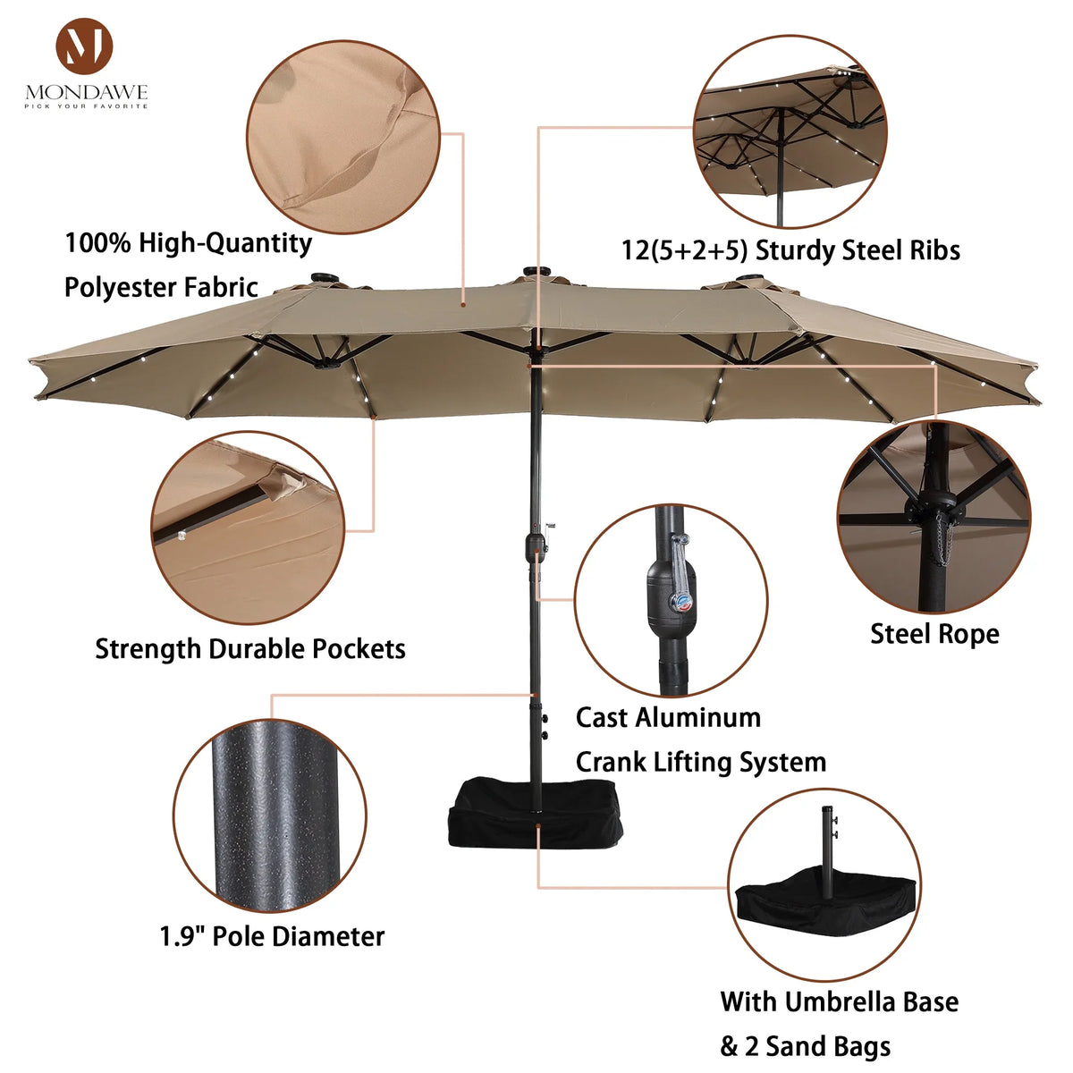 2026 NewMondawe 15ft Patio Umbrella Rectangular Outdoor Market Umbrella with Base and LED Lights Beige