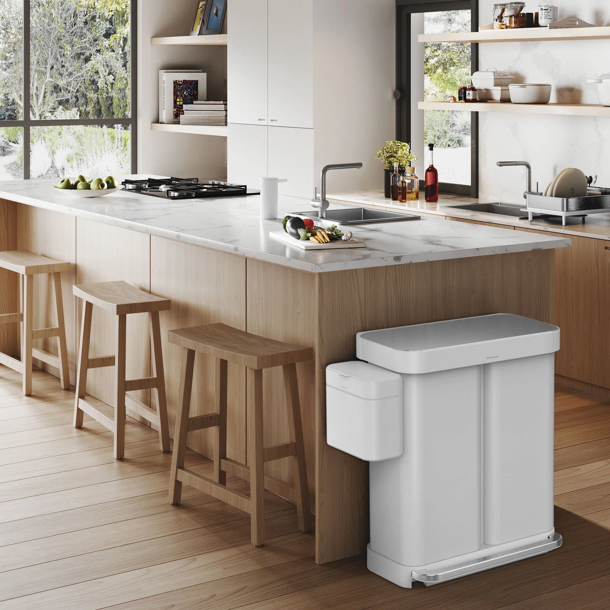 2026 Newsimplehuman 58 Liter / 15.3 Gallon Rectangular Dual Compartment Recycling Step, Brushed Stainless Steel with Soft-Close Plastic Lid Kitchen Trash Can