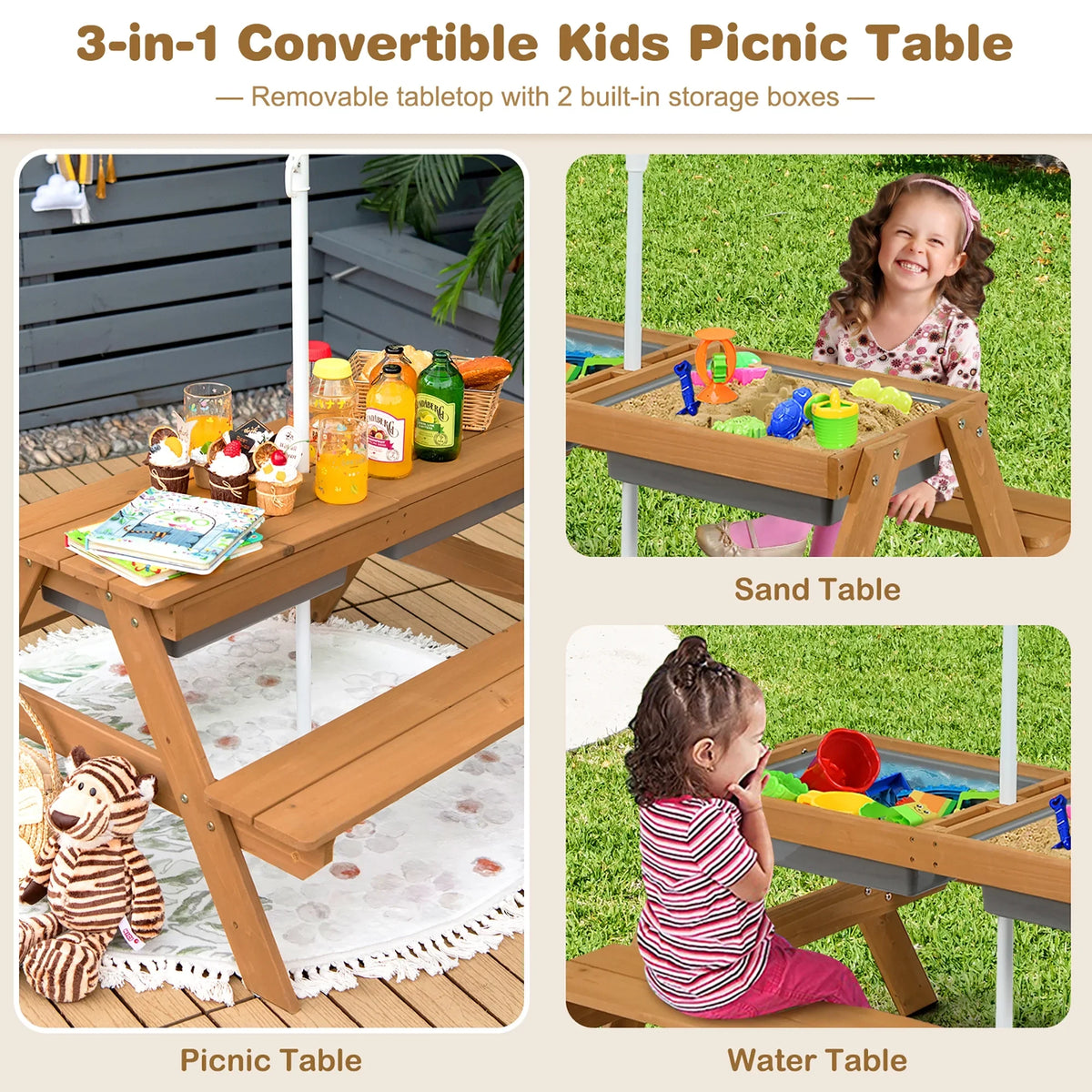2026 NewCostway 3-in-1 Kids Picnic Table Wooden Outdoor Sand & Water Table with Umbrella Play Boxes Green