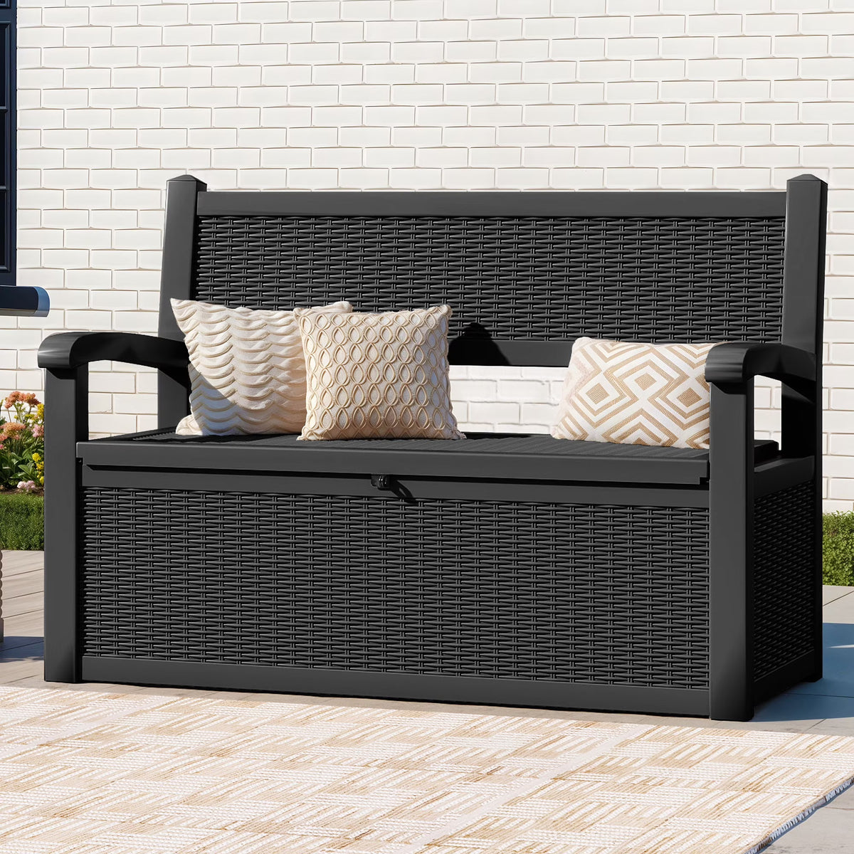2026 NewModFusion 70-Gallon Outdoor Resin Storage Cabinet with Rattan Backrest �C Waterproof Patio Bench Seat, 500 lbs Capacity, Black