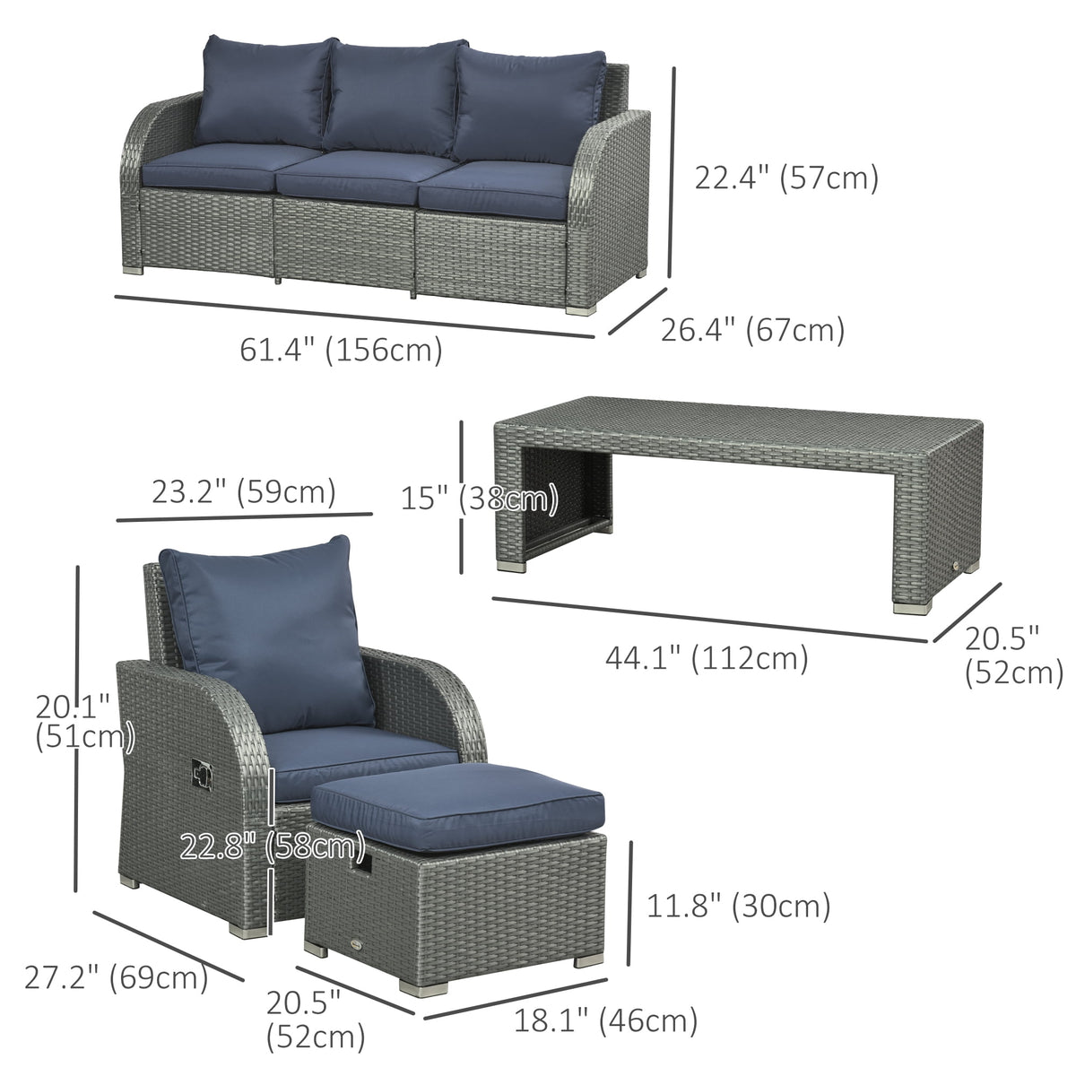 Outsunny Patio Furniture with Cushions, Dark Blue