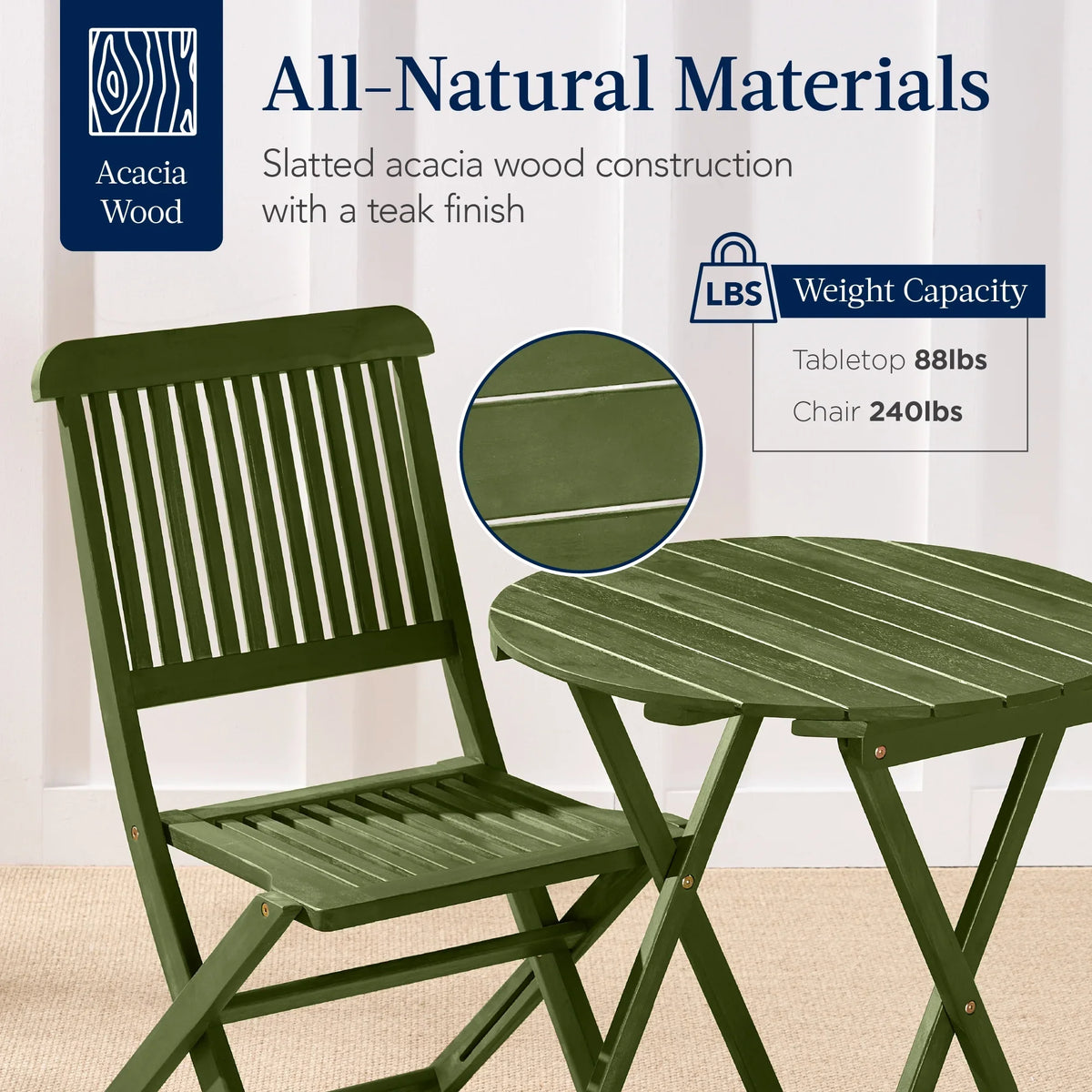 2026 NewBest Choice Products 3-Piece Acacia Wood Bistro Set, Folding Patio Furniture w/ 2 Chairs, Table - Natural