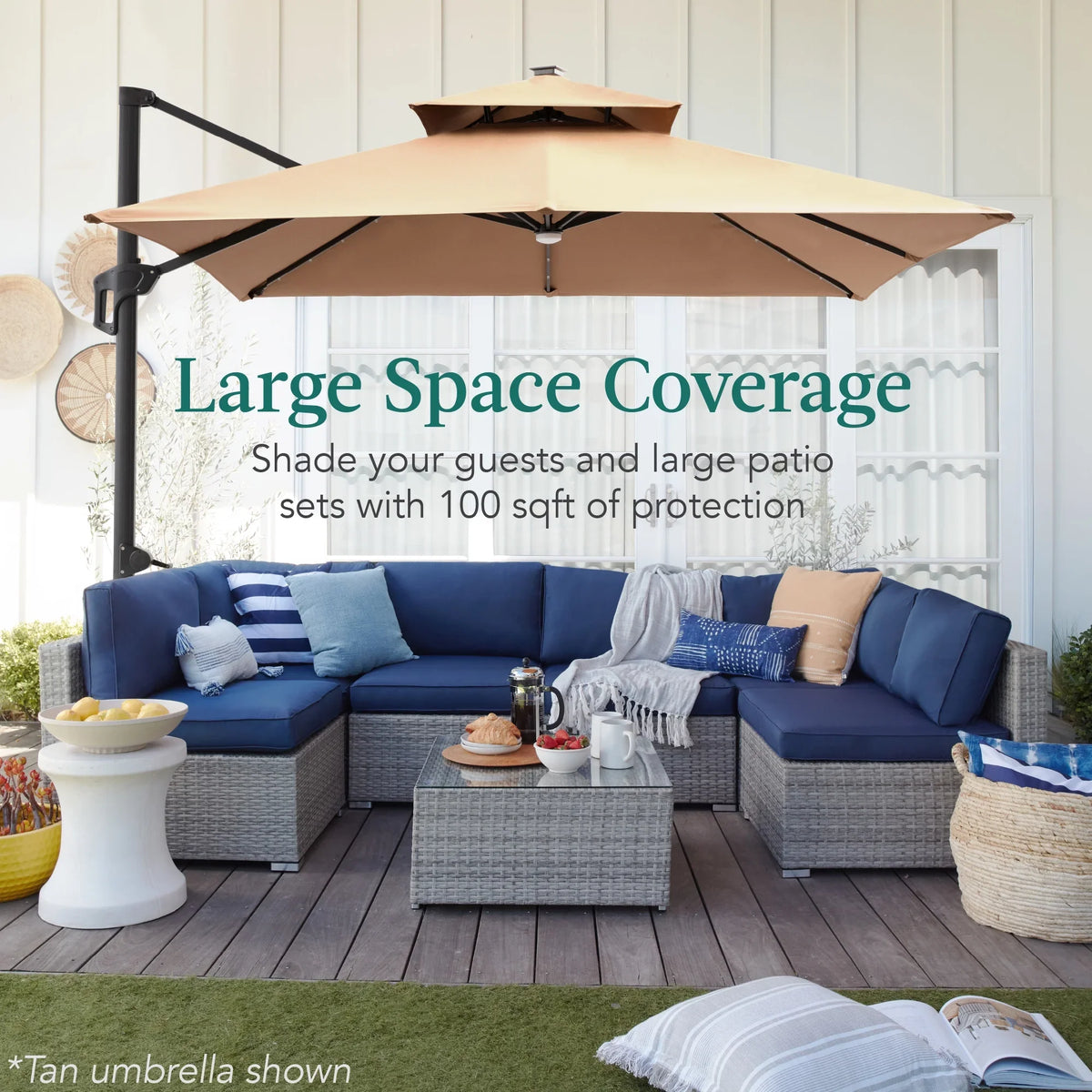 2026 NewBest Choice Products 10x10ft 2-Tier Square Outdoor Solar LED Cantilever Patio Umbrella w/ Base Included - Tan