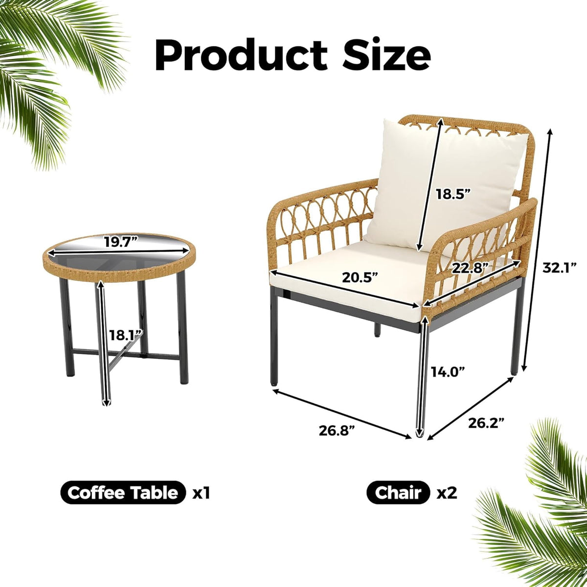 Ourlova 3 Piece Outdoor Patio Furniture Set All Weather Rattan Patio Bistro Set with Glass Top Side Table Cushions All-Weather Rattan Balcony Furniture Set for Porch Backyard Lawn Apartment