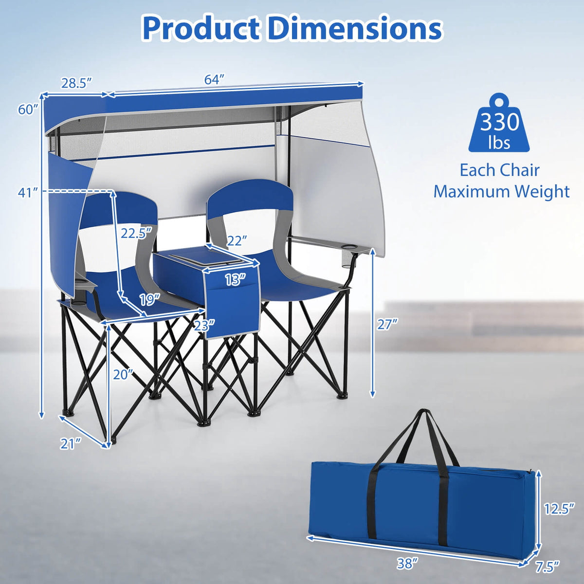 Costway Double Beach Chair with Adjustable Canopy Oversized Folding Camping Chair Navy