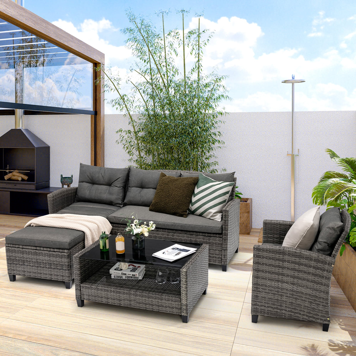 Gymax 4PCS Rattan Patio Conversation Furniture Set Outdoor Sectional Sofa Set