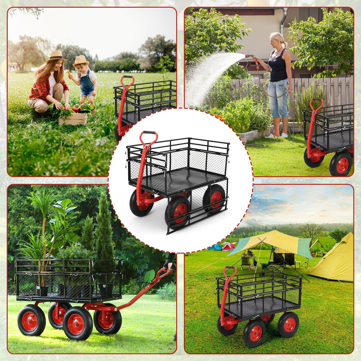 EDTara Steel Garden Dump Cart, Heavy Duty Utility Wagon with Removable Side Panels, 180° Adjustable Handle and 16 Inch All Terrain Wheels for Yard and Farm Tasks