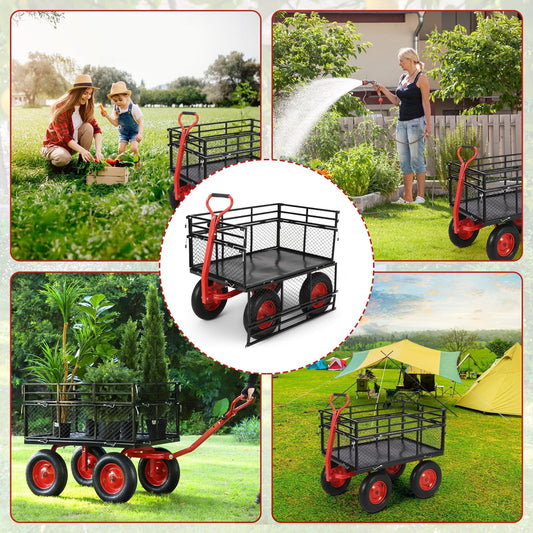EDTara Steel Garden Dump Cart, Heavy Duty Utility Wagon with Removable Side Panels, 180° Adjustable Handle and 16 Inch All Terrain Wheels for Yard and Farm Tasks