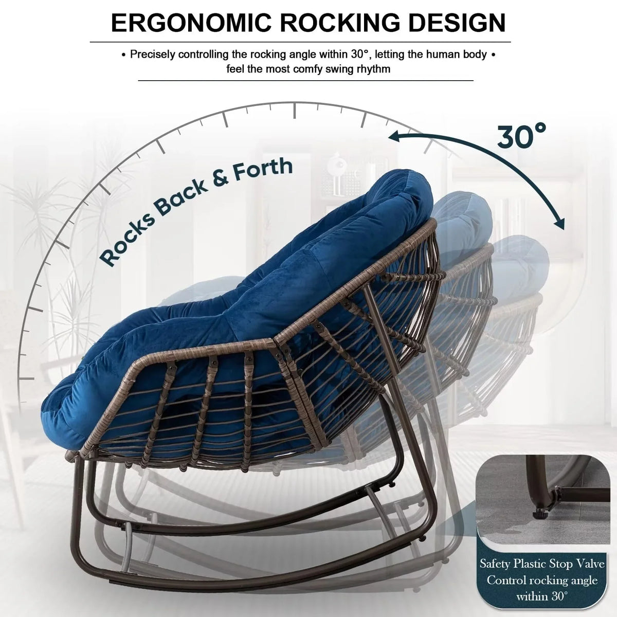 2026 NewOutdoor Papasan Rocking Chair, Patio Oversized Wicker Egg Rocking Chair, Indoor & Outdoor Comfy Rocker Chair with Thick Cushion, Modern Lounge Chair for Front Porch, Garden, Backyard, Grey
