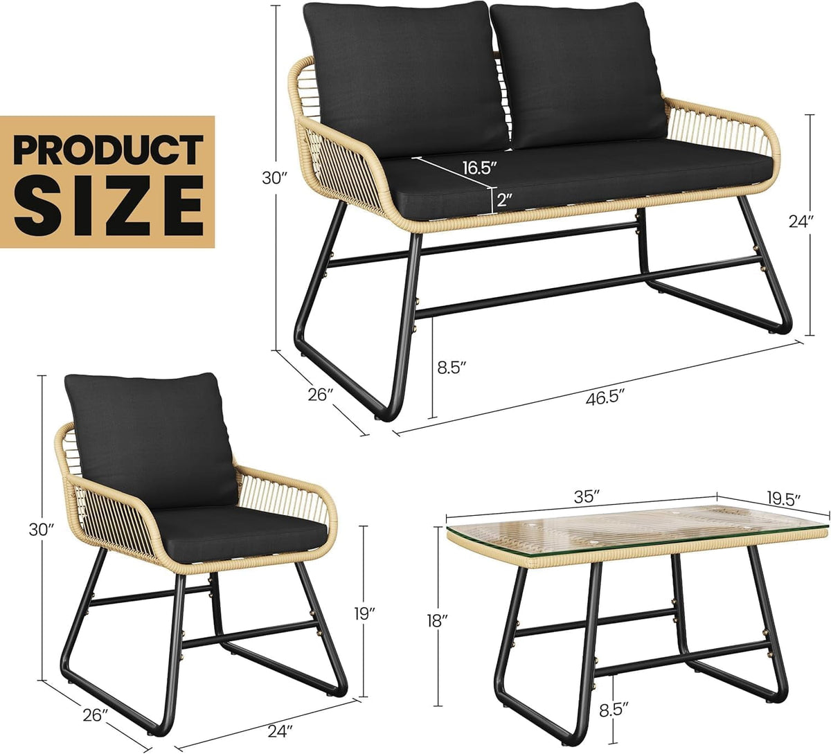 BeesClover 4 Piece Outdoor Bistro Set, Wicker Patio Furniture Set with Cushions, Tempered Glass Coffee Table, 2 Chairs and Loveseat for Garden, Backyard, Porch, Deck