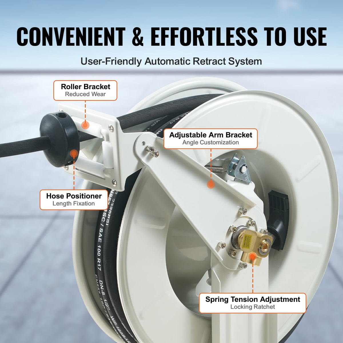 VEVOR Fuel Hose Reel, 1/2" x 50', Extra Long Retractable Machine Oil Hose Reel, Spring Driven Auto Swivel Rewind, Heavy-Duty Carbon Steel Construction, 2300 PSI
