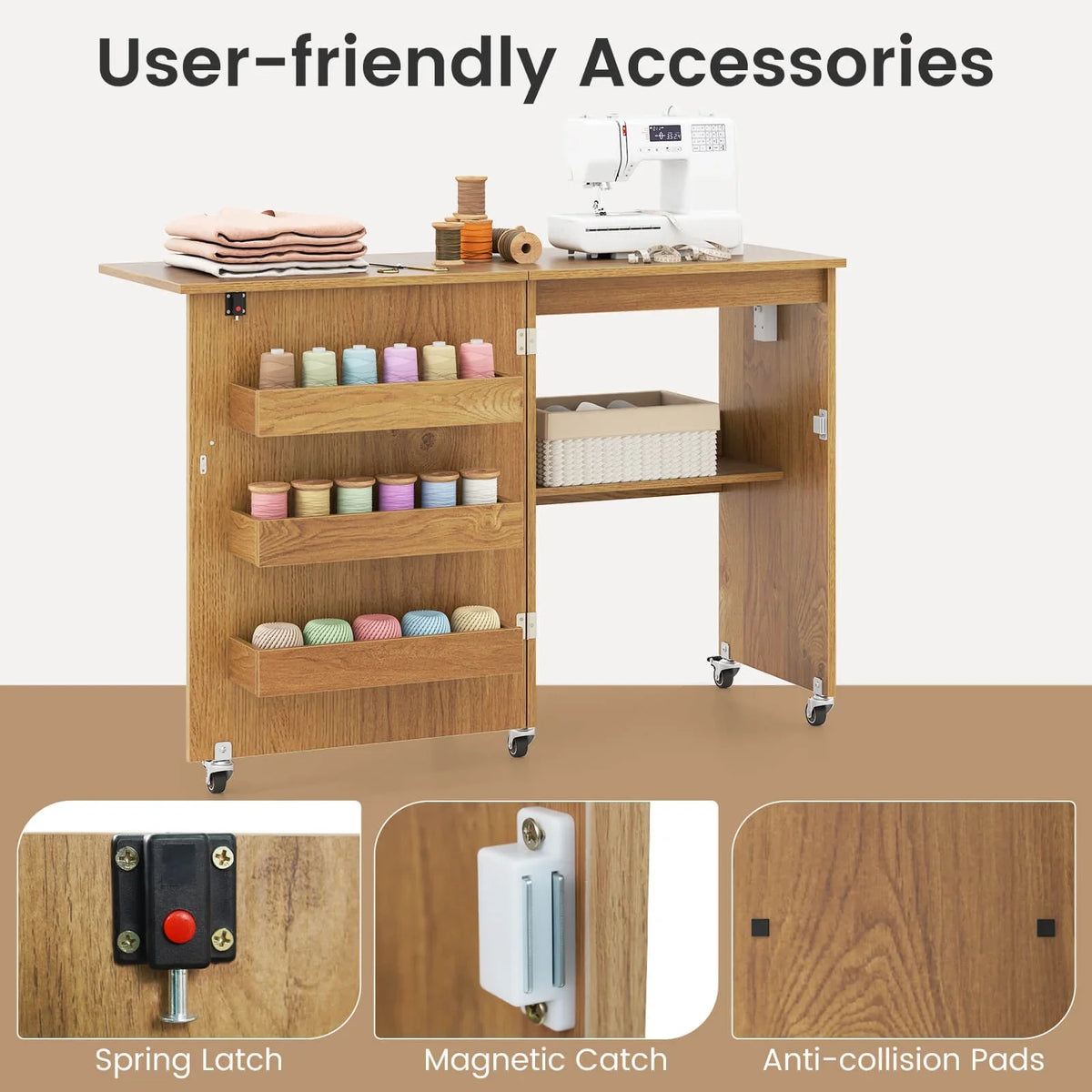 2026 NewCostway Folding Sewing Table Rolling Craft Station with 3 Storage Bins & Charging Station Natural