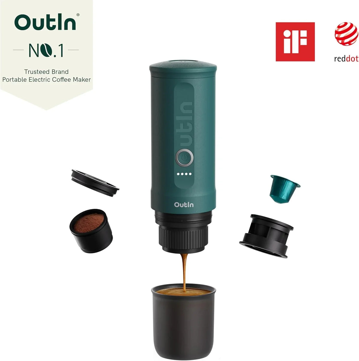 2026 NewOutIn Nano Portable Electric Espresso Machine, Travel Coffee Maker for Camping, Car Coffee Maker Self-Heating with USB-C, With Ground Coffee & NS Capsule for RV, Hiking, Office