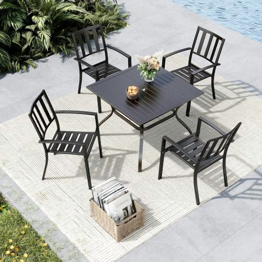 MFSTUDIO Metal Patio Dining Sets for 4, Outdoor Dining Sets with 1.57” Umbrella Hole, 4 Garden Backyard Metal Chairs and Larger Square Patio Table, Black