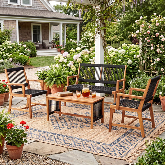Costway Patio 4pcs Acacia Wood Conversation Table & Chair Set Hand-Woven Rope Outdoor