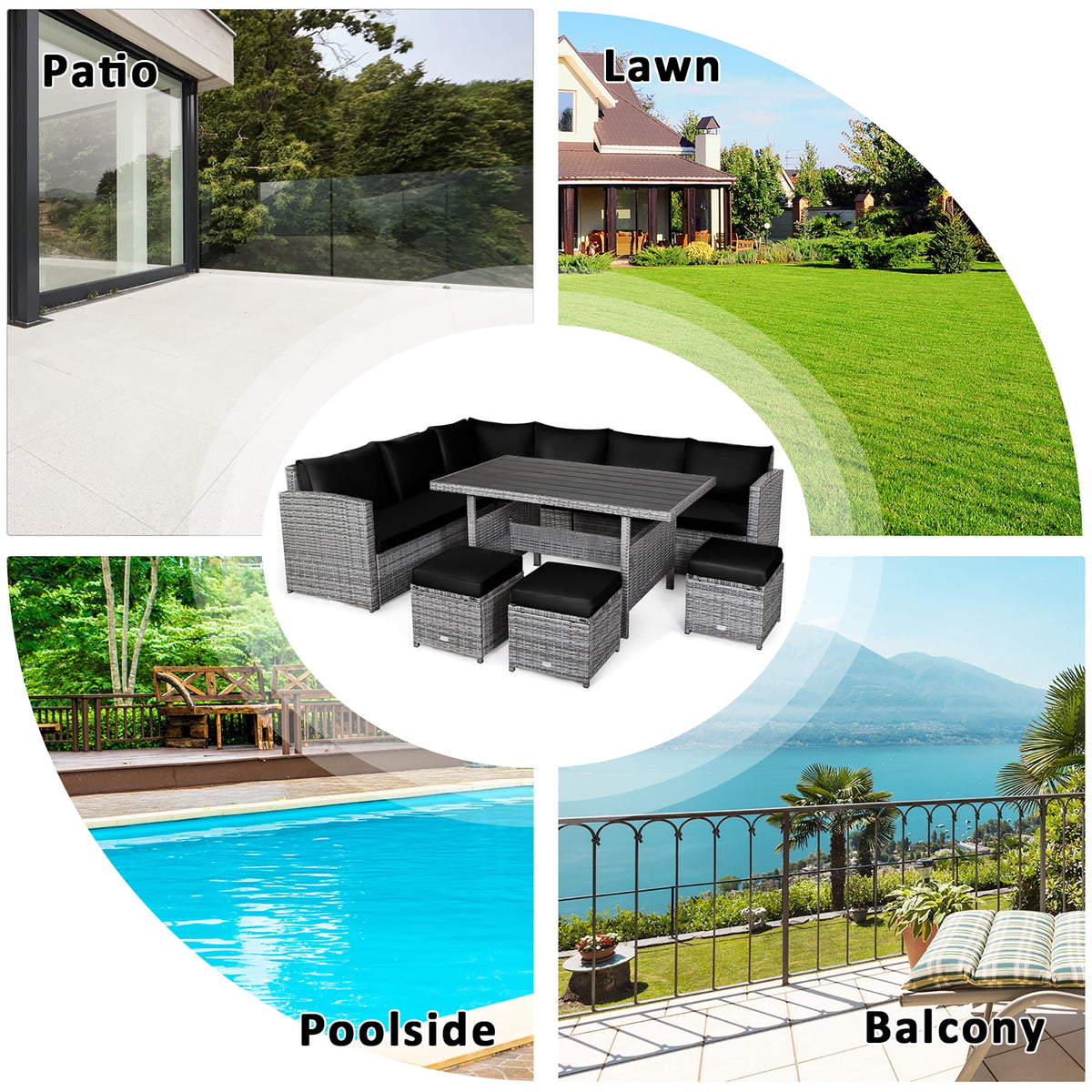Costway 7 PCS Patio Rattan Dining Set Sectional Sofa Couch Ottoman Garden Black
