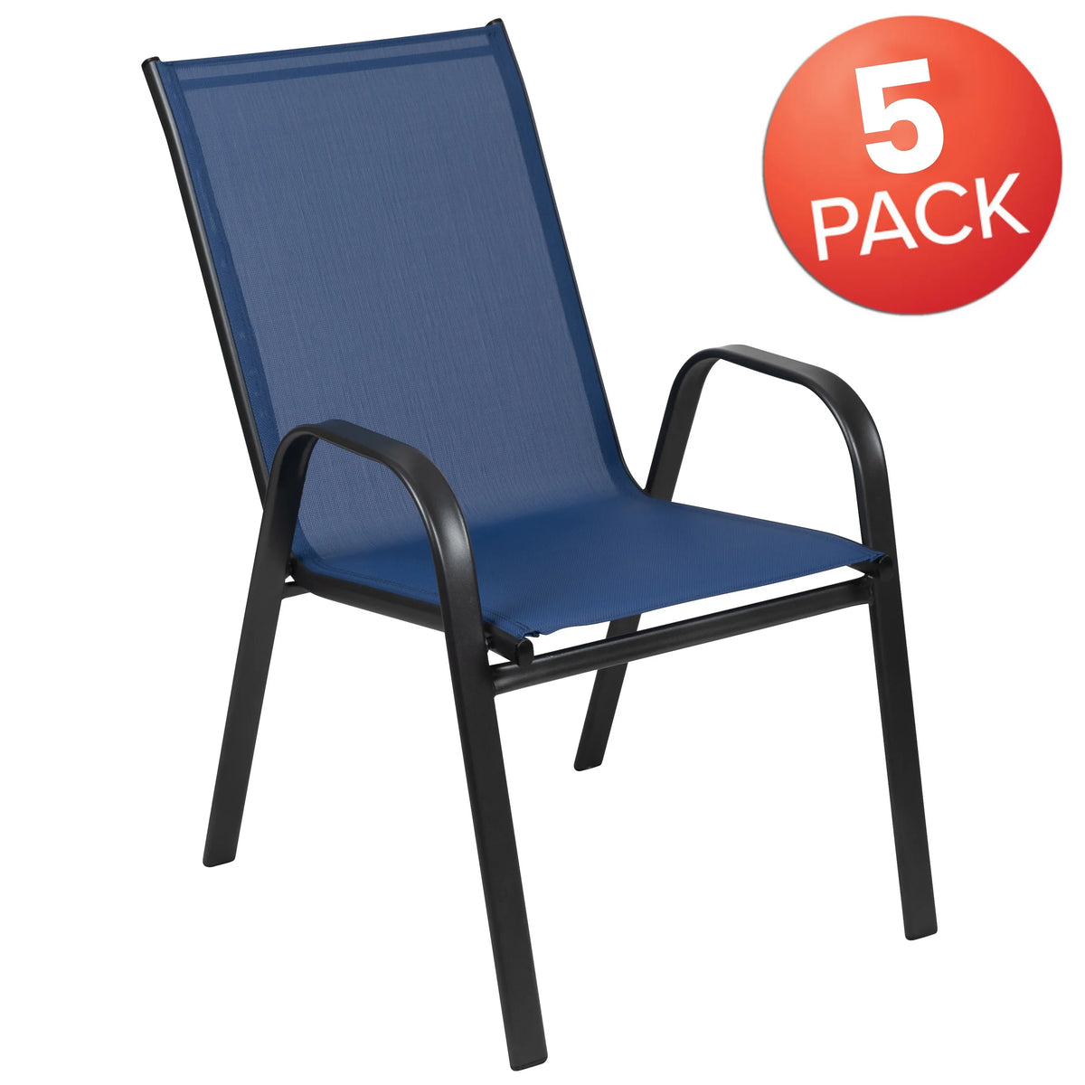 2026 NewBizChair 5 Pack Black Outdoor Stack Chair with Flex Comfort Material and Metal Frame