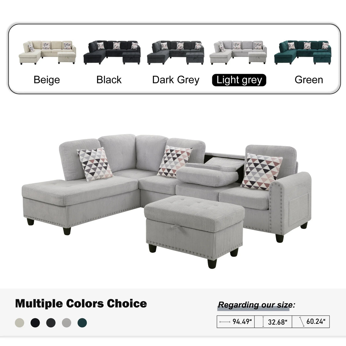 2026 NewAENKYO 95" L-Shaped Corduroy Modular Sectional Sofa with Ottoman & Cup Holders �C Living Room Couch for Apartments"Light Gray