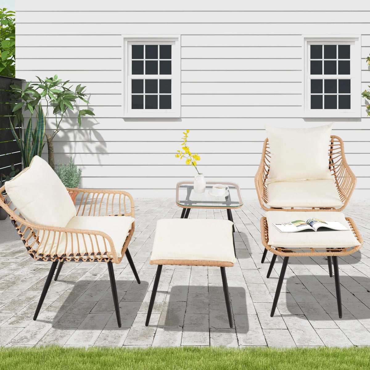2026 NewAinfox 3-Piece Steel Outdoor Bistro Sets with Metal Chairs and Glass Top Table, Beige