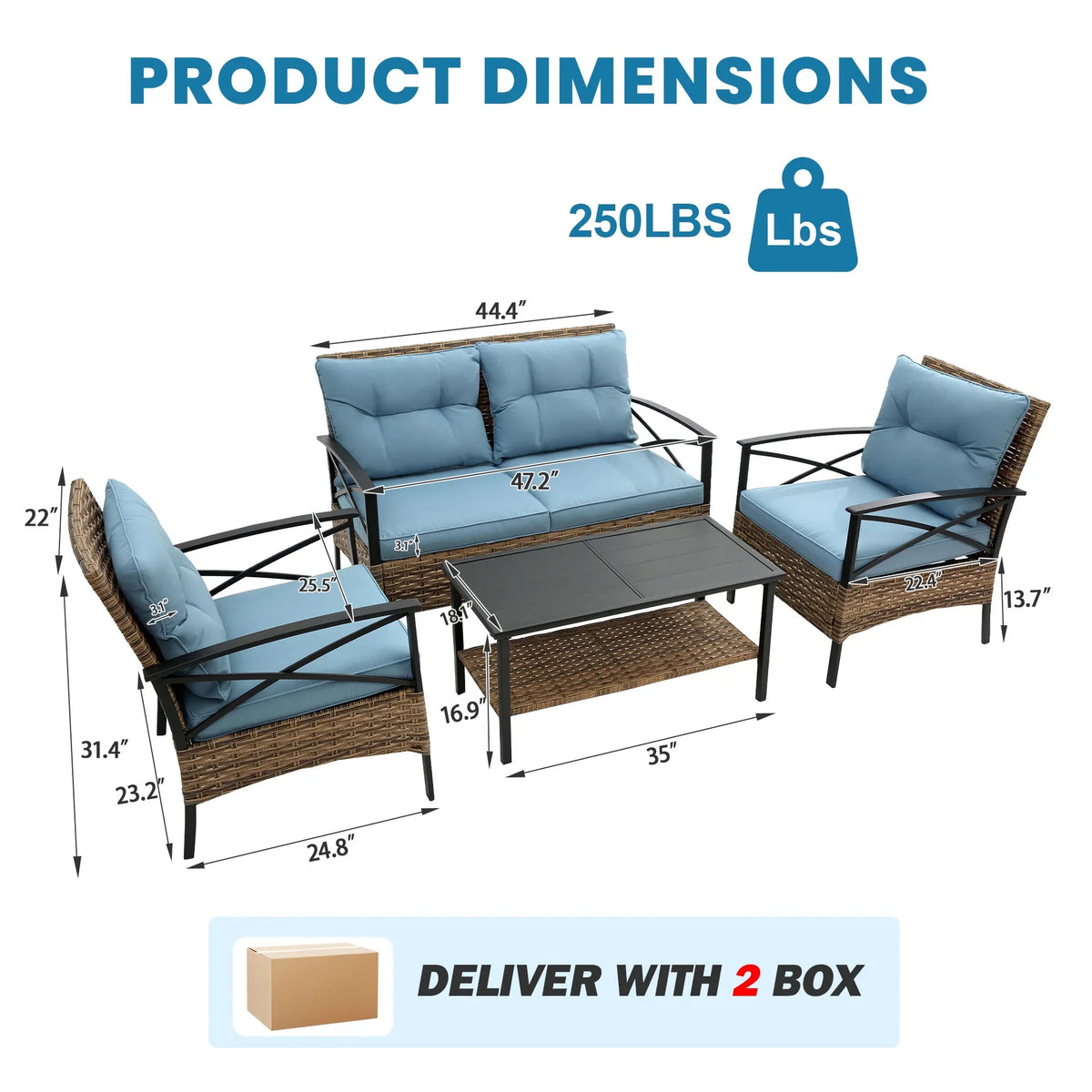 2026 NewHeavy-duty Patio Furniture Set, 4 Piece Outdoor Sectional Conversation Sets, BrownPE Rattan Patio Sofa Set with Blue Cushions