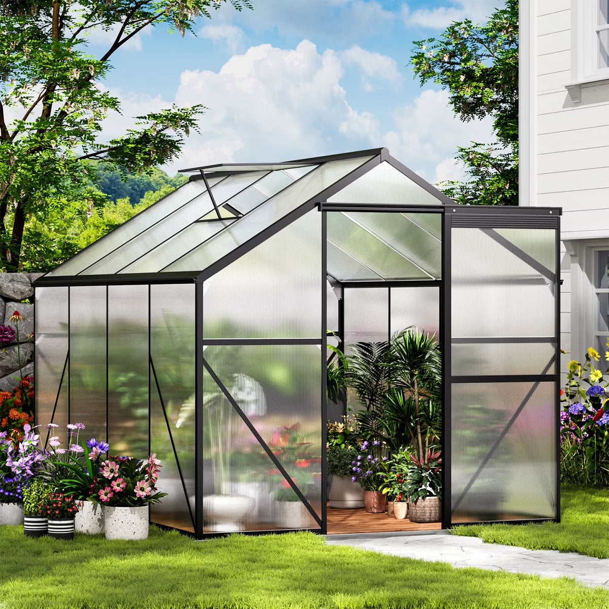 2026 NewAsofer 8x6 FT Greenhouse with Lockable Hinged Door Vent Window, Polycarbonate Walk-in Winter Greenhouse Sunroom, Black
