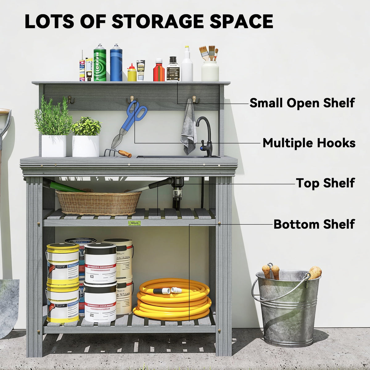 Outsunny Potting Benches for Outside with Faucet, Removable Sink, Shelves